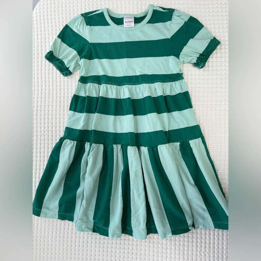 Hanna Andersson || Green Blue Striped Shortsleeved Tiered Dress
